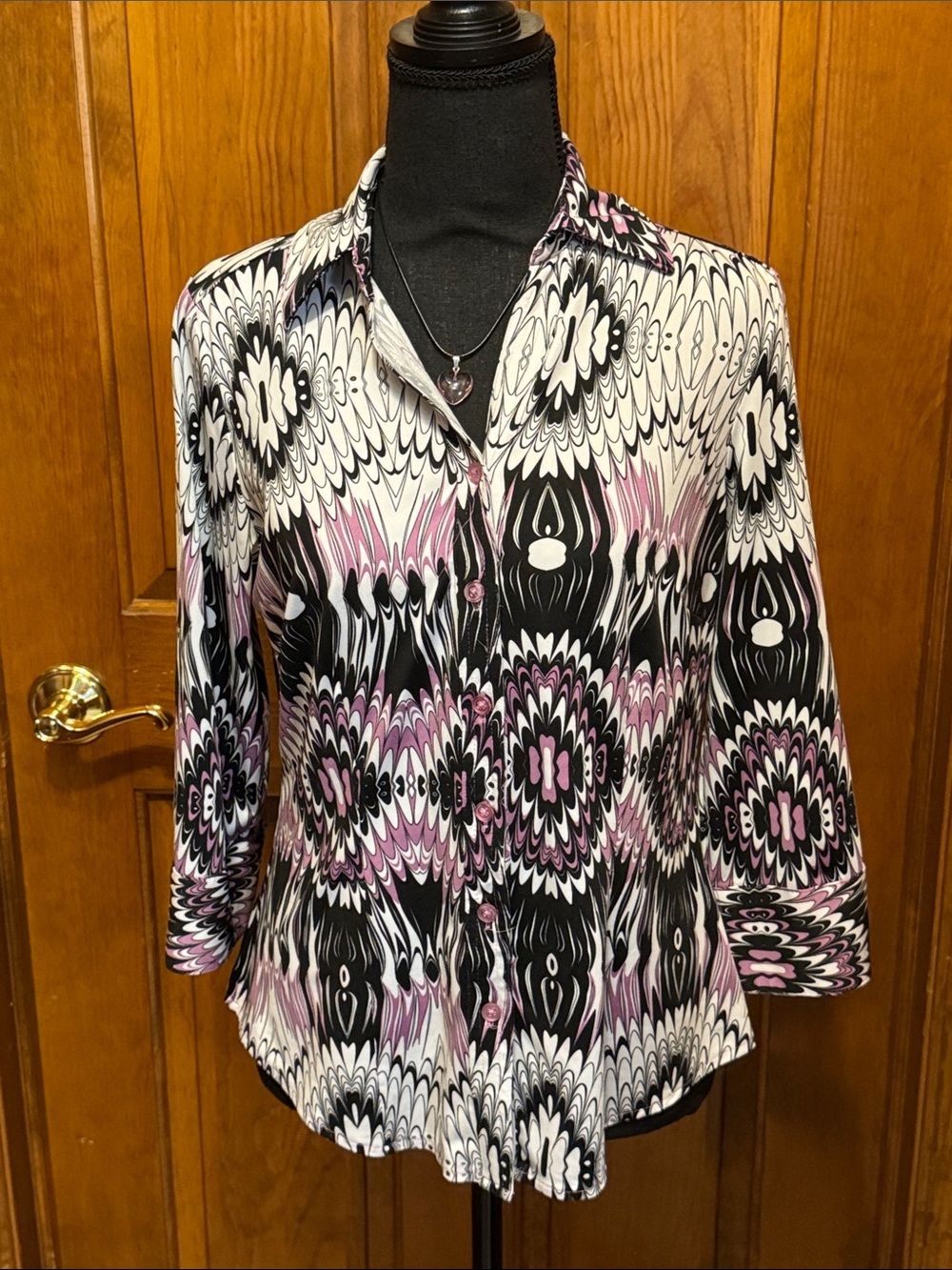 Essentials Black White and Pink Patterned Button-Down Shirt
